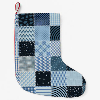 Quilt design, geometric patchwork, blue tones. small christmas stocking