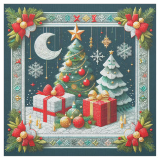 Quilt Look Christmas Scene Moon and Trees Fabric