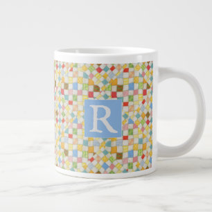 QUILT MOSAIC Big White Mug + Text Blue