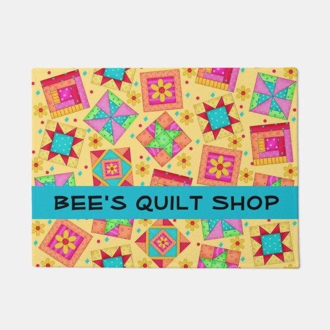 Quilt Patchwork Blocks Black Store Name Doormat (Front)