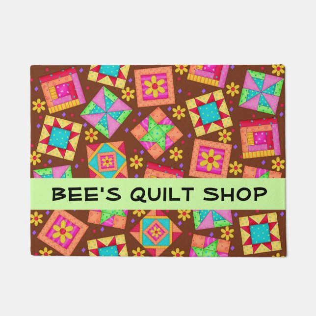 Quilt Patchwork Blocks Brown Store Name Doormat (Front)