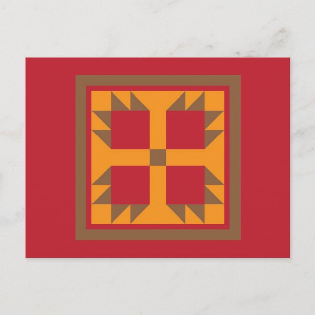 Quilt Postcard - Bear Paw Block (gold, red, brown) (Front)