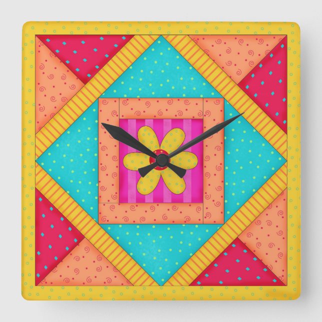 Quilt Red Turquoise Block Wall Clock (Front)
