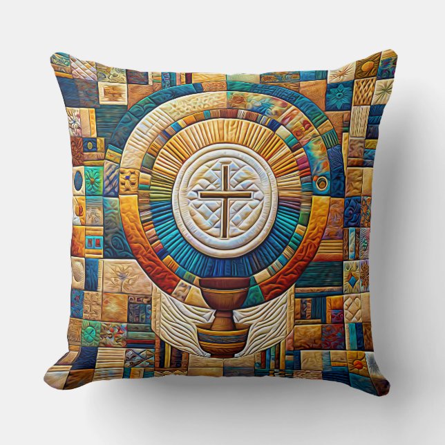 Quilt Style Communion Host & Chalice Expressionist Throw Pillow (Front)