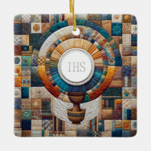 Quilt Style Eucharistic Communion Host and Chalice Ceramic Ornament