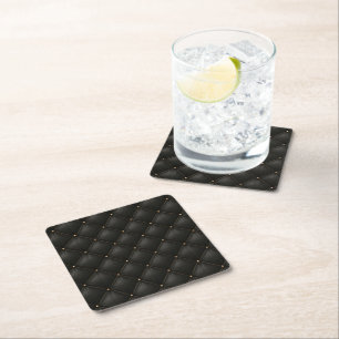 Quilted Black Leather with Gold Studs Square Paper Coaster