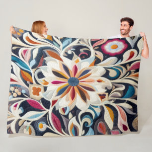 Quilted Blue Abstract Floral Design Fleece Blanket