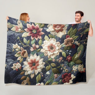 Quilted Blue Floral Design Fleece Blanket