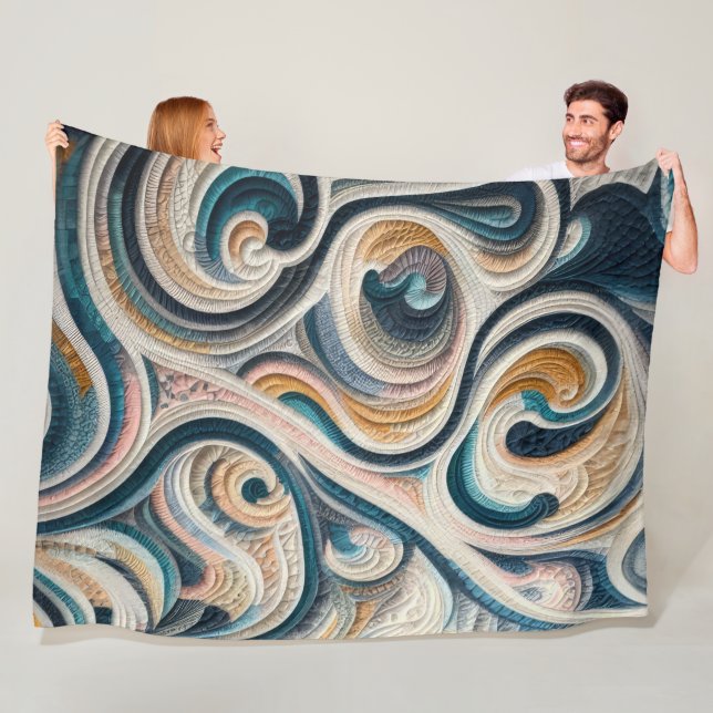 Quilted Blue Gold Abstract Design Fleece Blanket (In Situ)