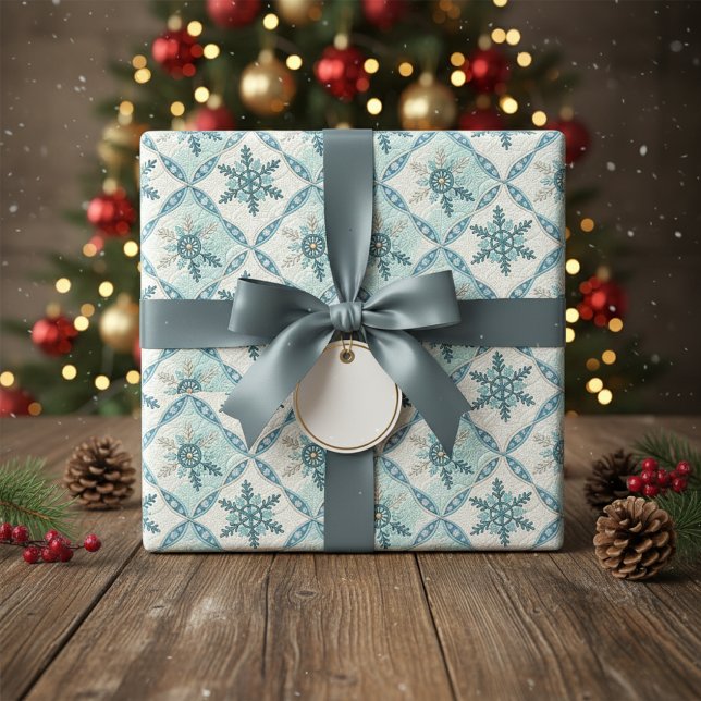 Quilted Blue Snowflake Pattern Winter  Wrapping Paper (Creator Uploaded)