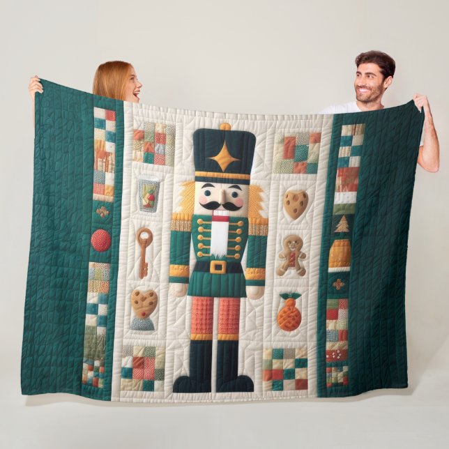 Quilted Christmas Nutcracker Fleece Blanket Teal (In Situ)