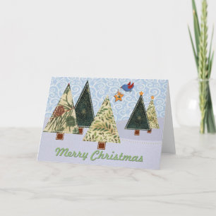 Quilted Christmas Trees and Blue Bird Holiday Card