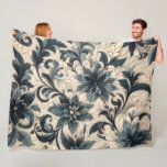 Quilted Cream and Navy Blue Floral Design Fleece Blanket<br><div class="desc">Quilted Cream and Navy Blue Floral Design</div>