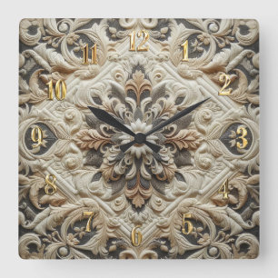 Quilted Cream Gray Ornate Arabesque Square Wall Clock