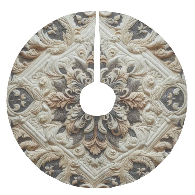 Quilted Cream Grey Ornate Arabesque Brushed Polyester Tree Skirt (Front)