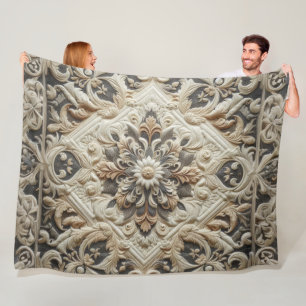 Quilted Cream Grey Ornate Arabesque Fleece Blanket