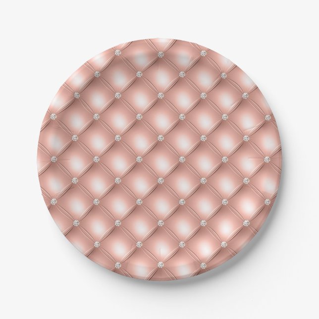 Quilted Diamond Sparkly Rose Gold Pink Luxury Paper Plate (Front)