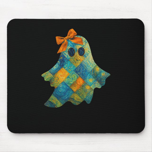 Quilted Ghost With Orange Bow Halloween Design  Mouse Pad (Front)