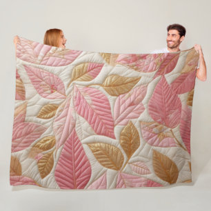 Quilted Gold and Pink Leaves Design Fleece Blanket