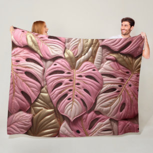 Quilted Gold and Pink Monstera Leaves Design Fleece Blanket