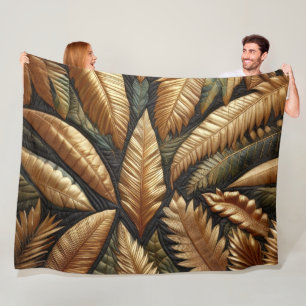 Quilted Gold Tropical Leaves Design Fleece Blanket