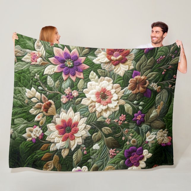 Quilted Green Floral Design Fleece Blanket (In Situ)