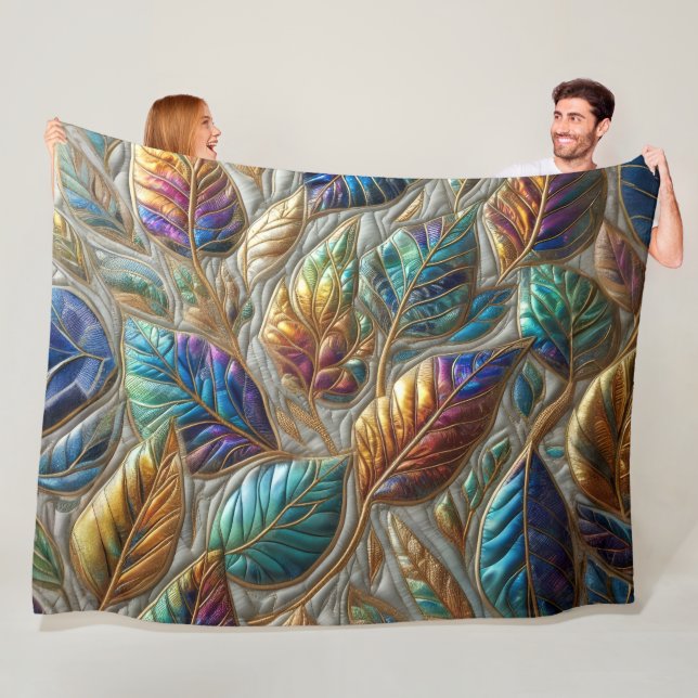 Quilted Iridescent Leaves Design Fleece Blanket (In Situ)