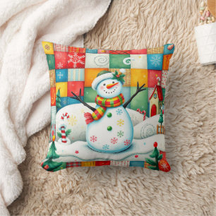 Quilted Look Frosty the Snowman with Patchwork Throw Pillow