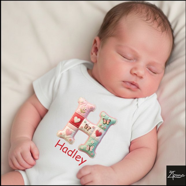 Quilted Patchwork Initial Letter H Nursery Baby Bodysuit (This is a sample design. There are several models to choose from, with the name and color changed.)