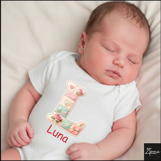 Quilted Patchwork Initial Letter L Nursery Baby Bodysuit (This is a sample design. There are several models to choose from, with the name and color changed.)