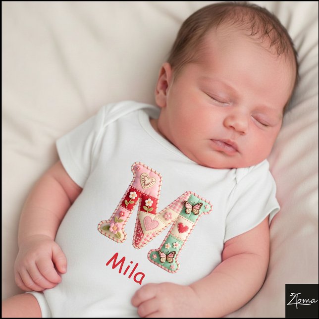 Quilted Patchwork Initial Letter M Nursery Baby Bodysuit (This is a sample design. There are several models to choose from, with the name and color changed.)