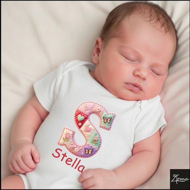 Quilted Patchwork Initial Letter S Nursery Baby Bodysuit (This is a sample design. There are several models to choose from, with the name and color changed.)
