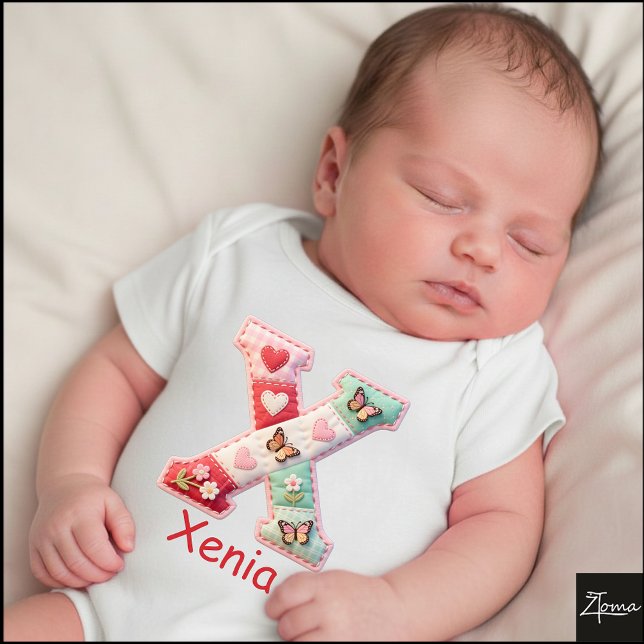 Quilted Patchwork Initial Letter X Nursery Baby Bodysuit (This is a sample design. There are several models to choose from, with the name and color changed.)