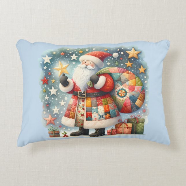 Quilted Patchwork Santa with Christmas Stars Accent Pillow (Front)