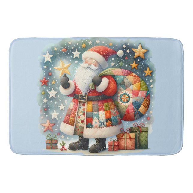 Quilted Patchwork Santa with Christmas Stars Bath Mat (Front)