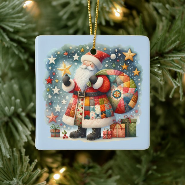 Quilted Patchwork Santa with Christmas Stars Ceramic Ornament (Tree)