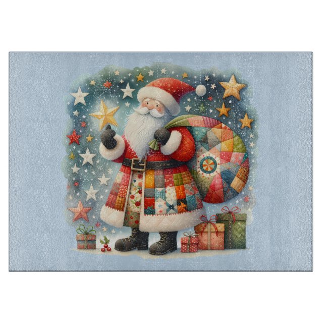 Quilted Patchwork Santa with Christmas Stars Cutting Board (Front)