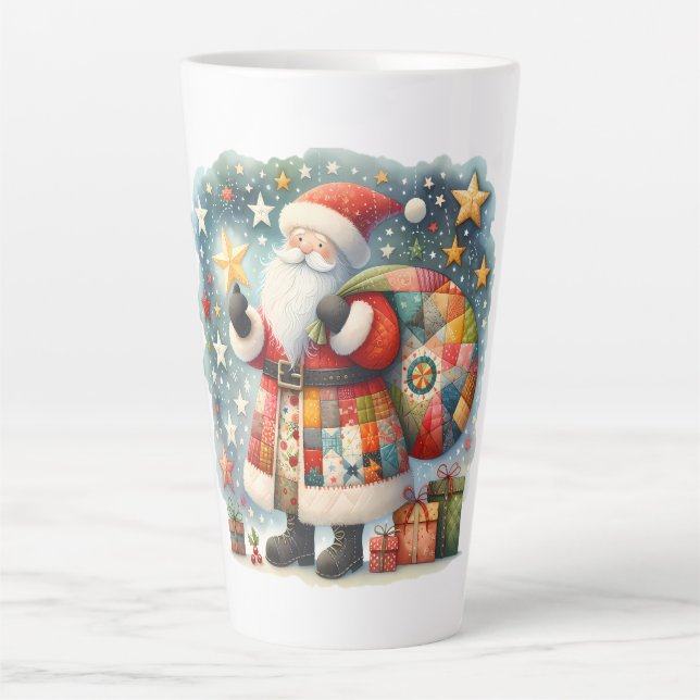 Quilted Patchwork Santa with Christmas Stars Latte Mug (Front)