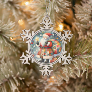Quilted Patchwork Santa with Christmas Stars Snowflake Pewter Christmas Ornament