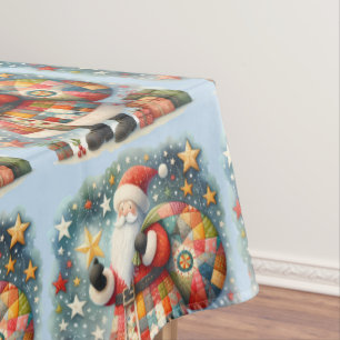Quilted Patchwork Santa with Christmas Stars Tablecloth