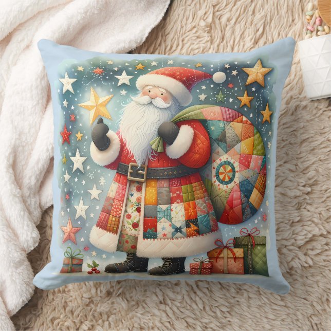 Quilted Patchwork Santa with Christmas Stars Throw Pillow (Blanket)