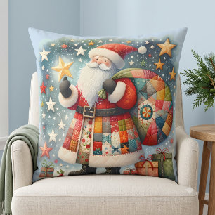 Quilted Patchwork Santa with Christmas Stars Throw Pillow