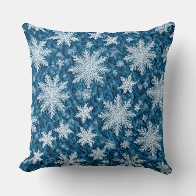 Quilted Pattern Blue and White Snowflakes Throw Pillow (Front)