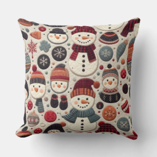 Quilted Pattern of Snowmen Throw Pillow