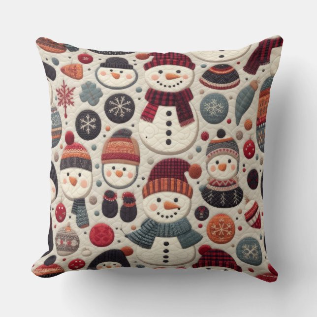 Quilted Pattern of Snowmen Throw Pillow (Front)
