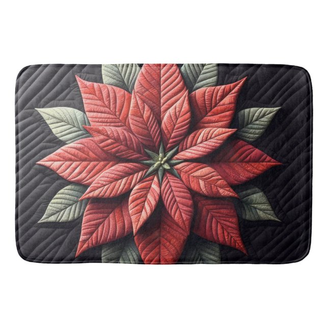 Quilted Pattern Poinsettia Black Bath Mat (Front)
