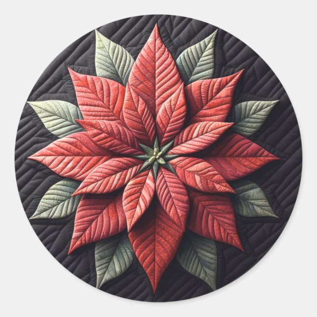 Quilted Pattern Poinsettia Black Classic Round Sticker (Front)