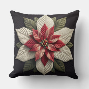 Quilted Pattern Poinsettia Black Throw Pillow