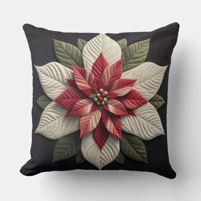 Quilted Pattern Poinsettia Black Throw Pillow (Front)