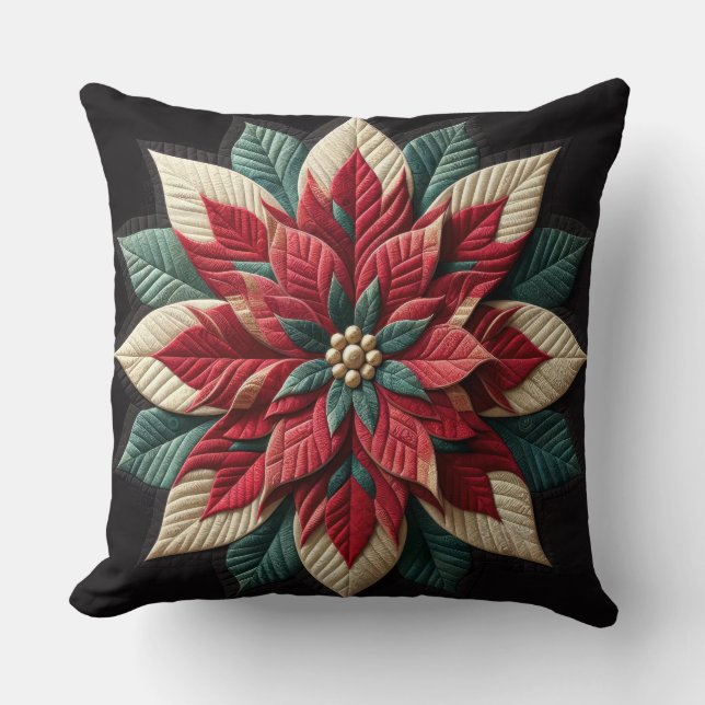 Quilted Pattern Poinsettia Black Throw Pillow (Front)